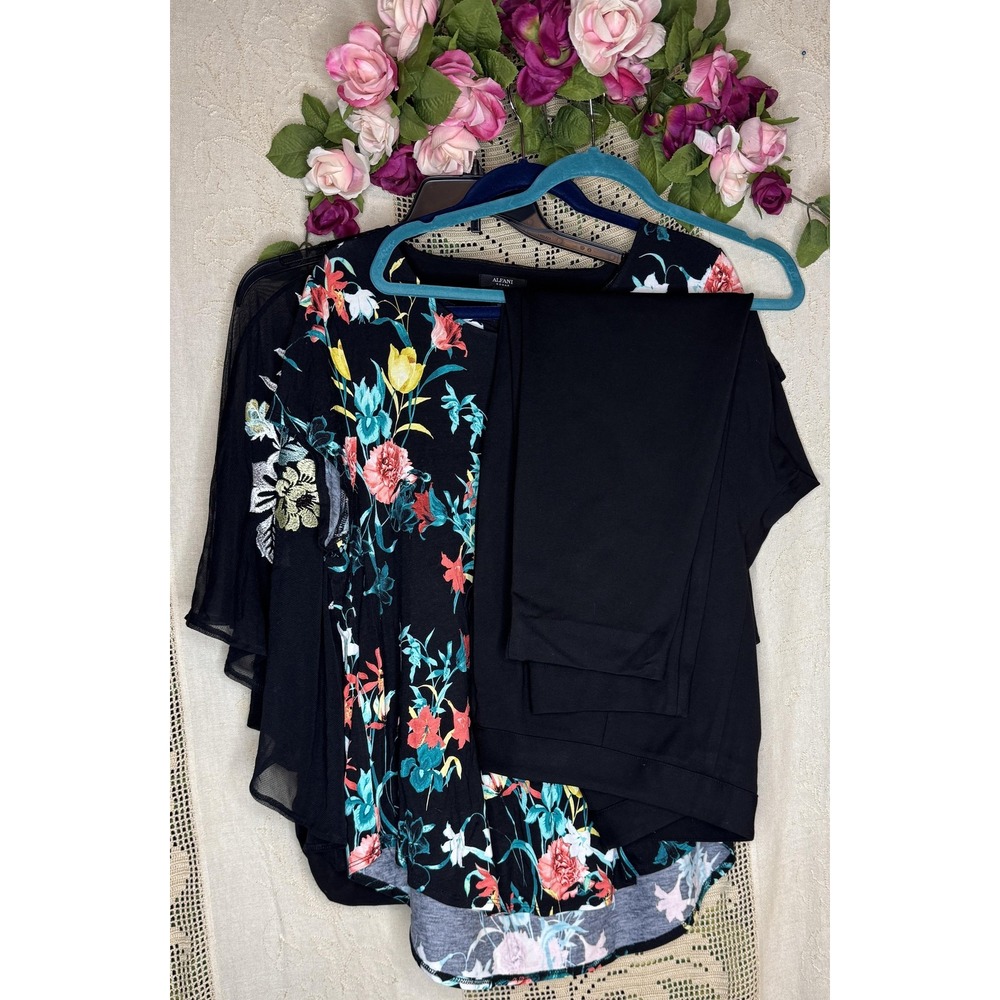 Alfani 3 Pc Lot 2 Tops & Crop Pants Womens XL Black Floral Print Soft Flowy